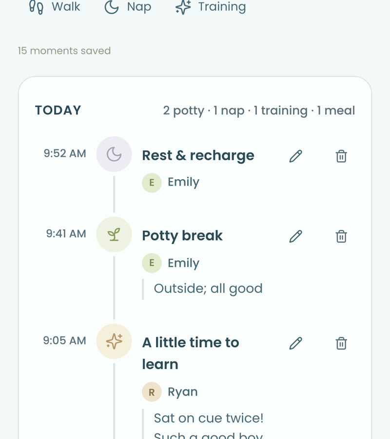 The Moments timeline with entries from Emily and Ryan and a photo of Milo.