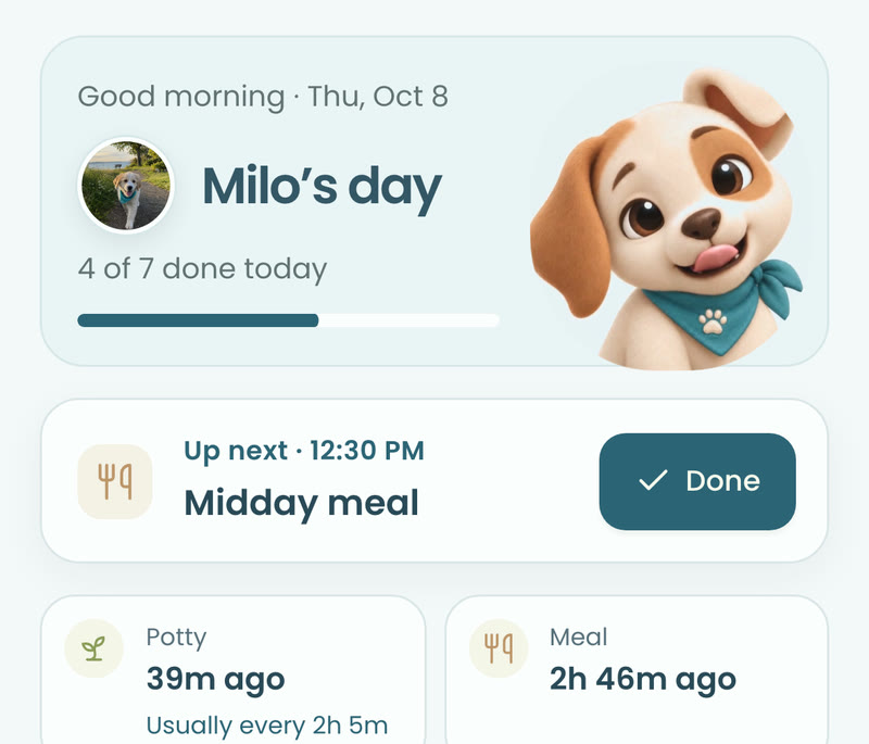 Since-last cards showing potty 39 minutes ago, usually every 2 hours.